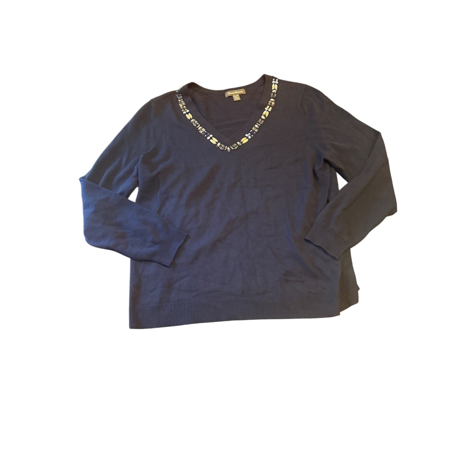 Tommy Bahama Navy V-Neck Sweater Embellished Neckline Xl